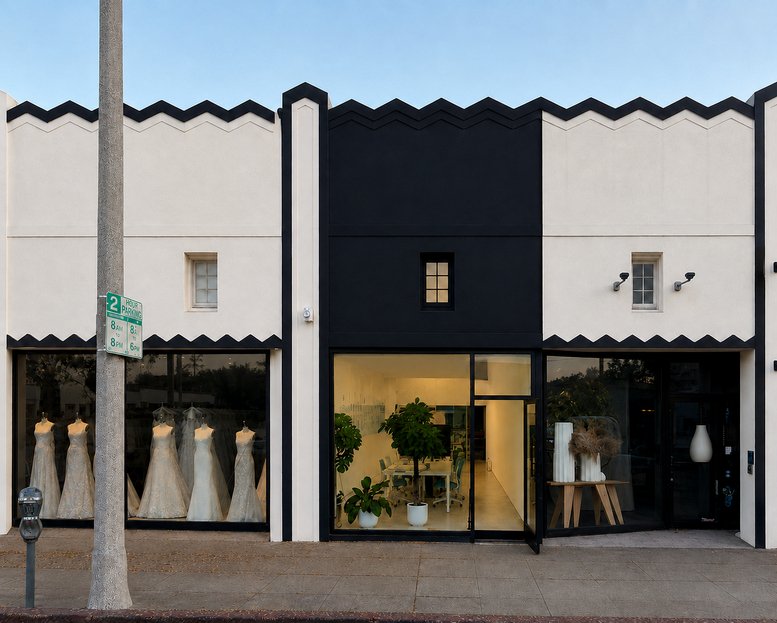 Exterior view of the black and white Art Deco style building at 8340, Beverly Boulevard.