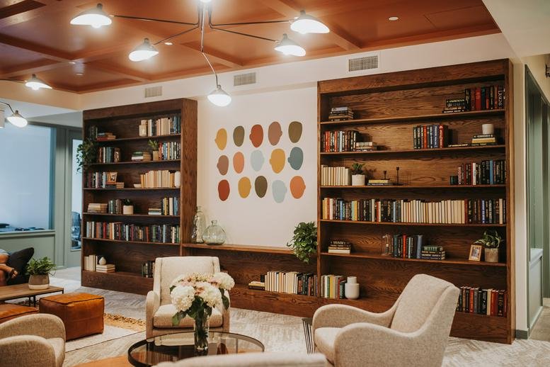 Spacious library lounge at 14555 Dallas Parkway, Business District, Addison, Texas.