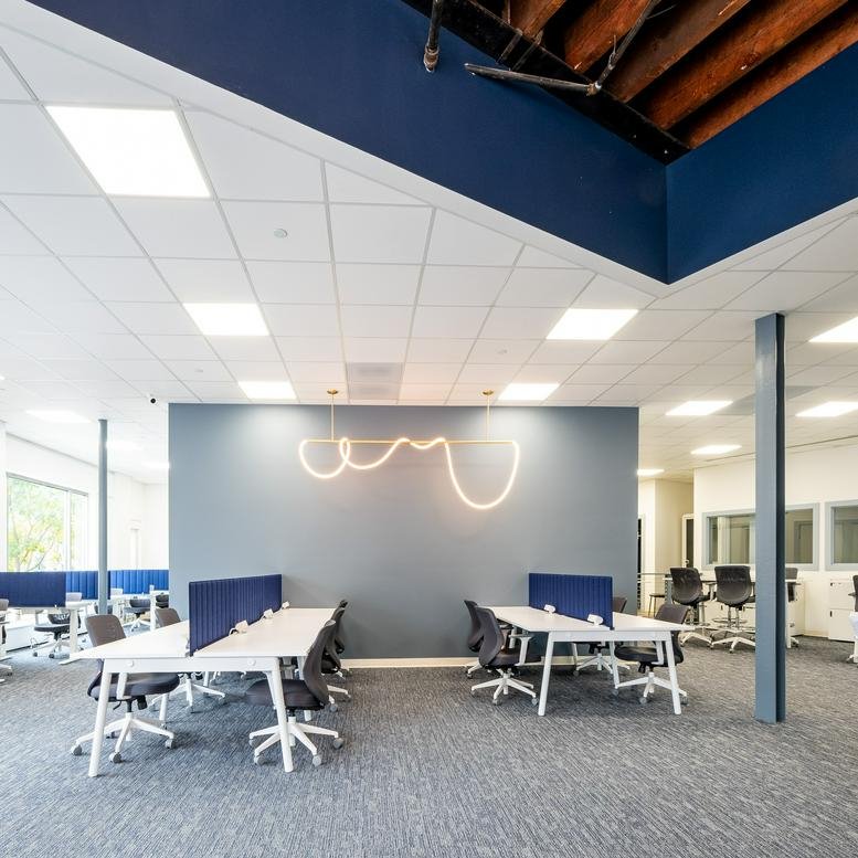 Modern office interior featuring a unique wave-shaped neon light fixture and clean white workstations.