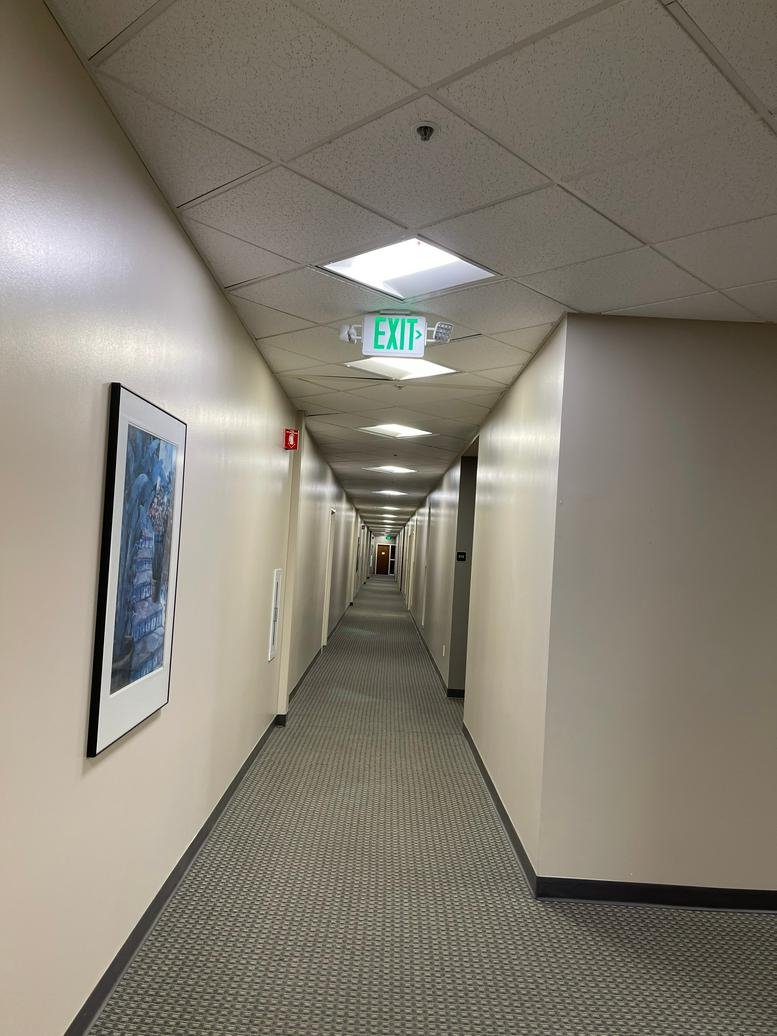 Long hallway with overhead lights and framed art on the wall.