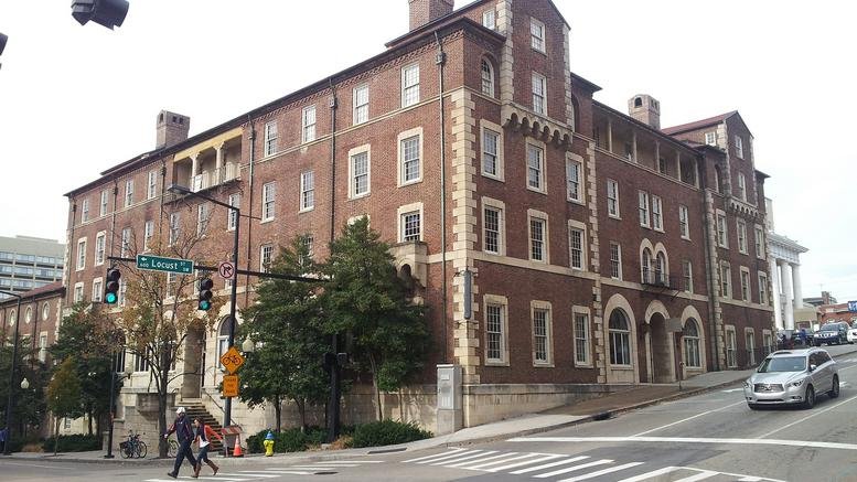 Exterior view of the historic red brick YMCA Building at 535 Locust Street.