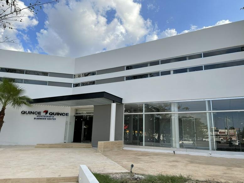 Exterior of the modern white Quince Quince building with large glass windows and palm trees.
