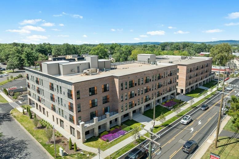 Aerial exterior view of the brick facade at Landmark at Dublin, 144 North Main Street.