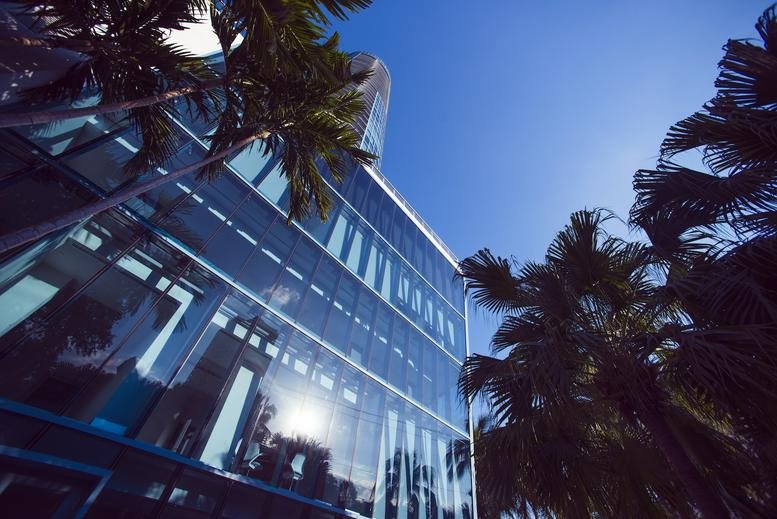 Exterior view of the glass facade building at Axis Space 333 Las Olas Way surrounded by palm trees.