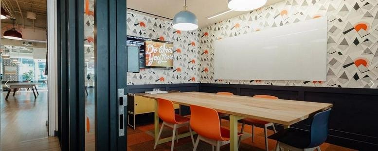 The Circa Building, 1615 Platte Sreet, Denver, CO, Colorado meeting room with colorful patterned wallpaper.