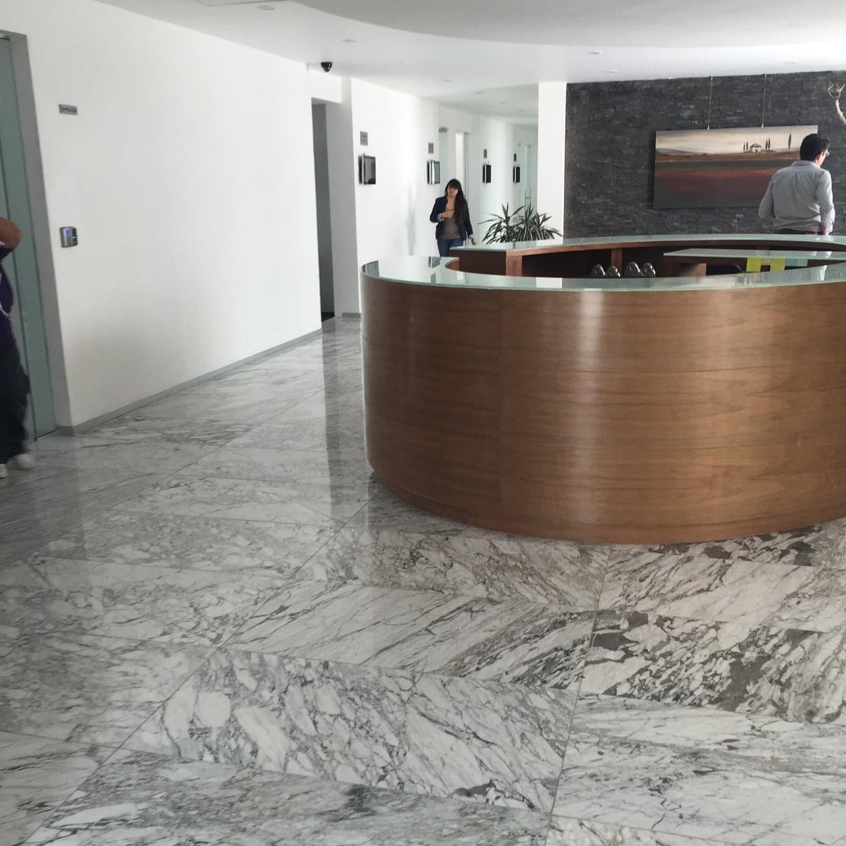 Sleek circular wood-paneled reception desk in the main lobby at Laguna de Terminos 221.