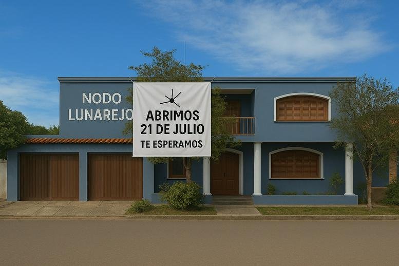 Exterior view of the blue-facade Nodo Lunarejo building at Brasil esq 18 de Julio, Tranqueras.