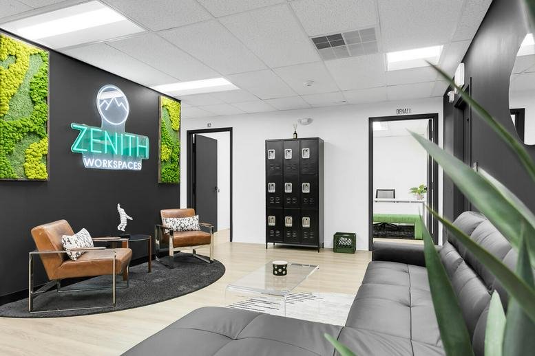 Zenith Workspaces lobby at 106 Apple Street, 200W, Tinton Falls, featuring a lounge and moss wall.