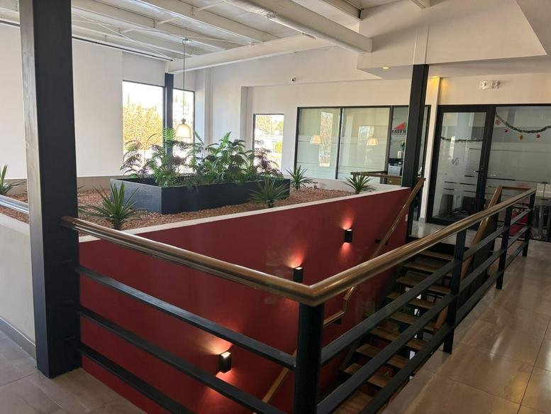 Spacious indoor communal mezzanine with a red feature wall, indoor plants, and a modern staircase.