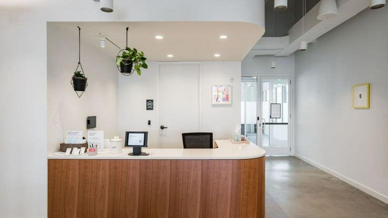 Modern wooden reception desk at 120 West Trinity Place Decatur with hanging plants and bright lighting.