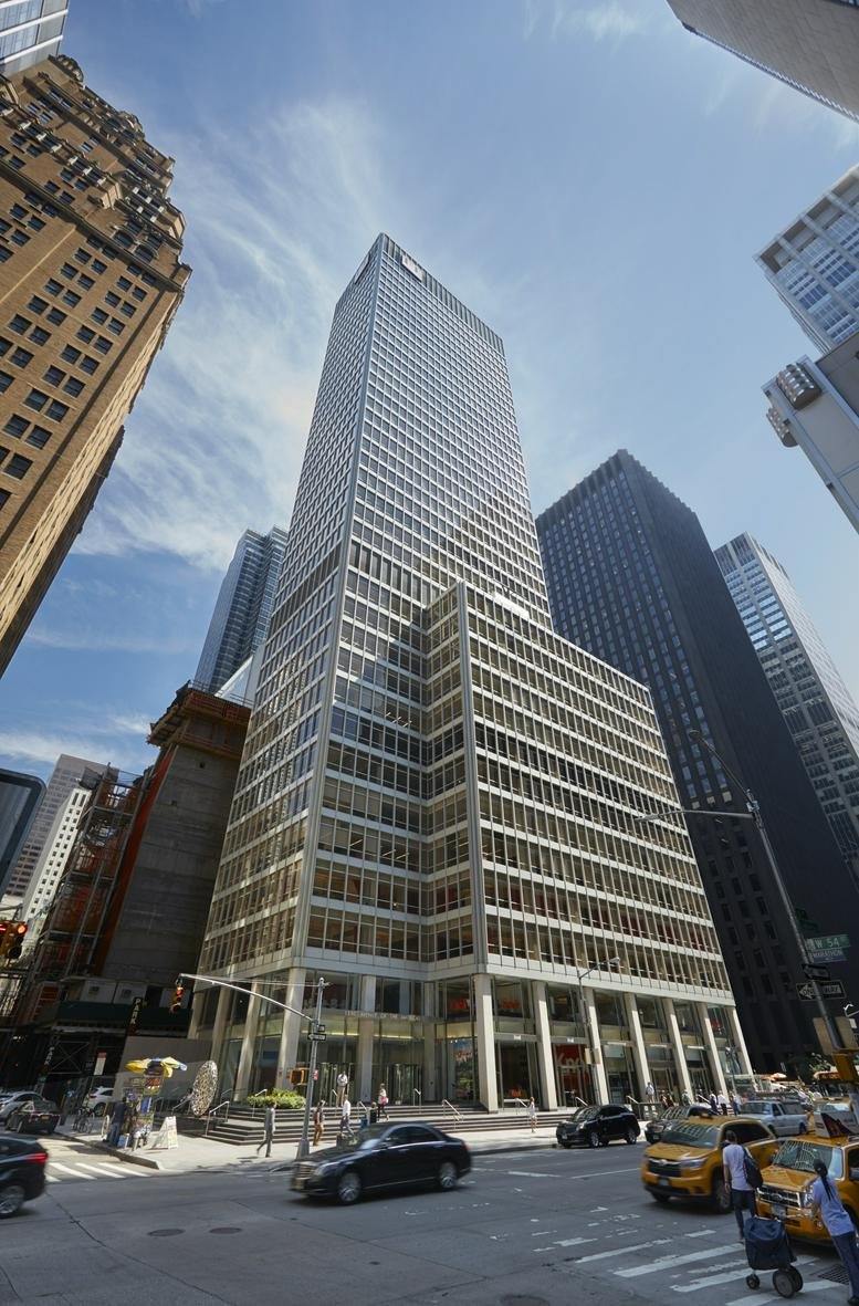 Exterior view of the towering 1330 Avenue of the Americas building in midtown Manhattan.