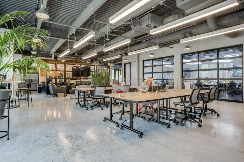 Spacious open-plan workspace at 14425 Falcon Head Boulevard Building E featuring large industrial windows and greenery.