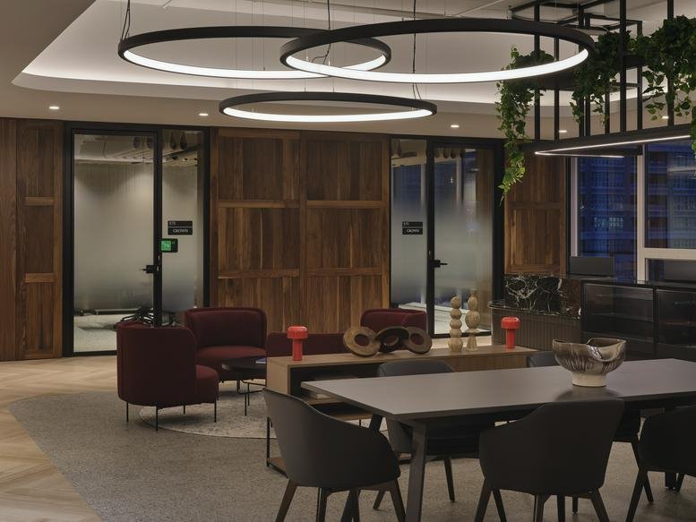 Lounge at 149 East Liberty Street with circular halo lighting and plush velvet seating.