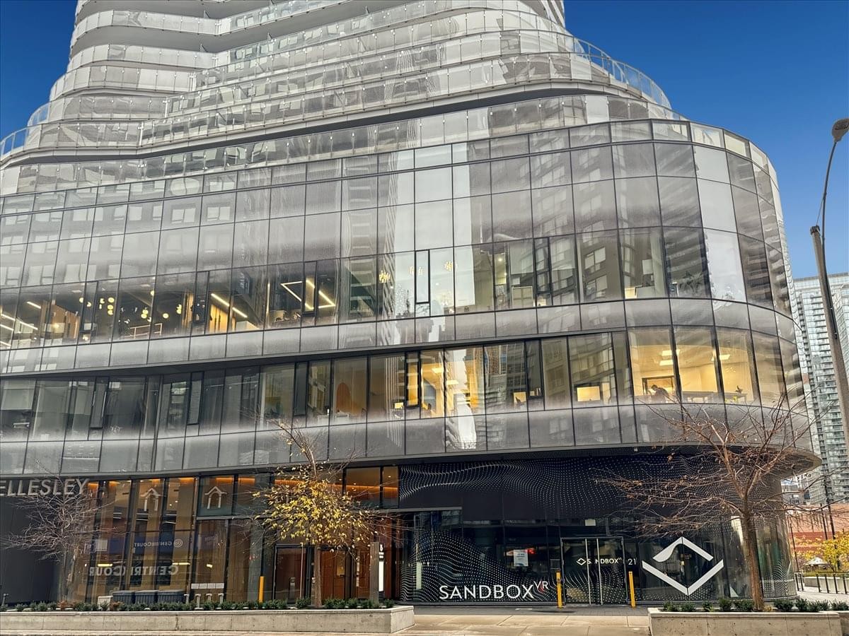 Exterior view of the glass-facade building at 15 Wellesley St W.