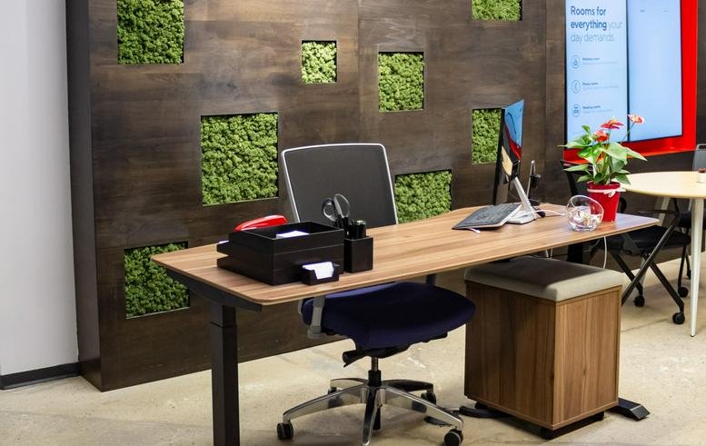 Wooden feature wall with moss inserts behind a modern desk at 1660 Soldiers Field Road, Brighton, Massachusetts.
