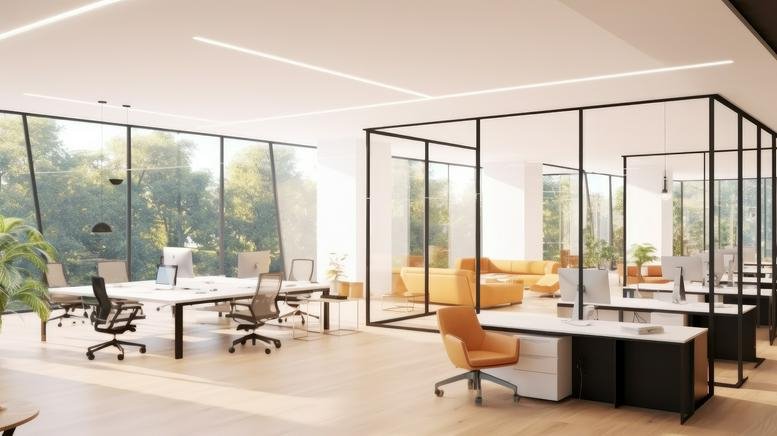 Spacious open-plan workspace at 200 South Biscayne Boulevard featuring glass-walled offices and greenery.