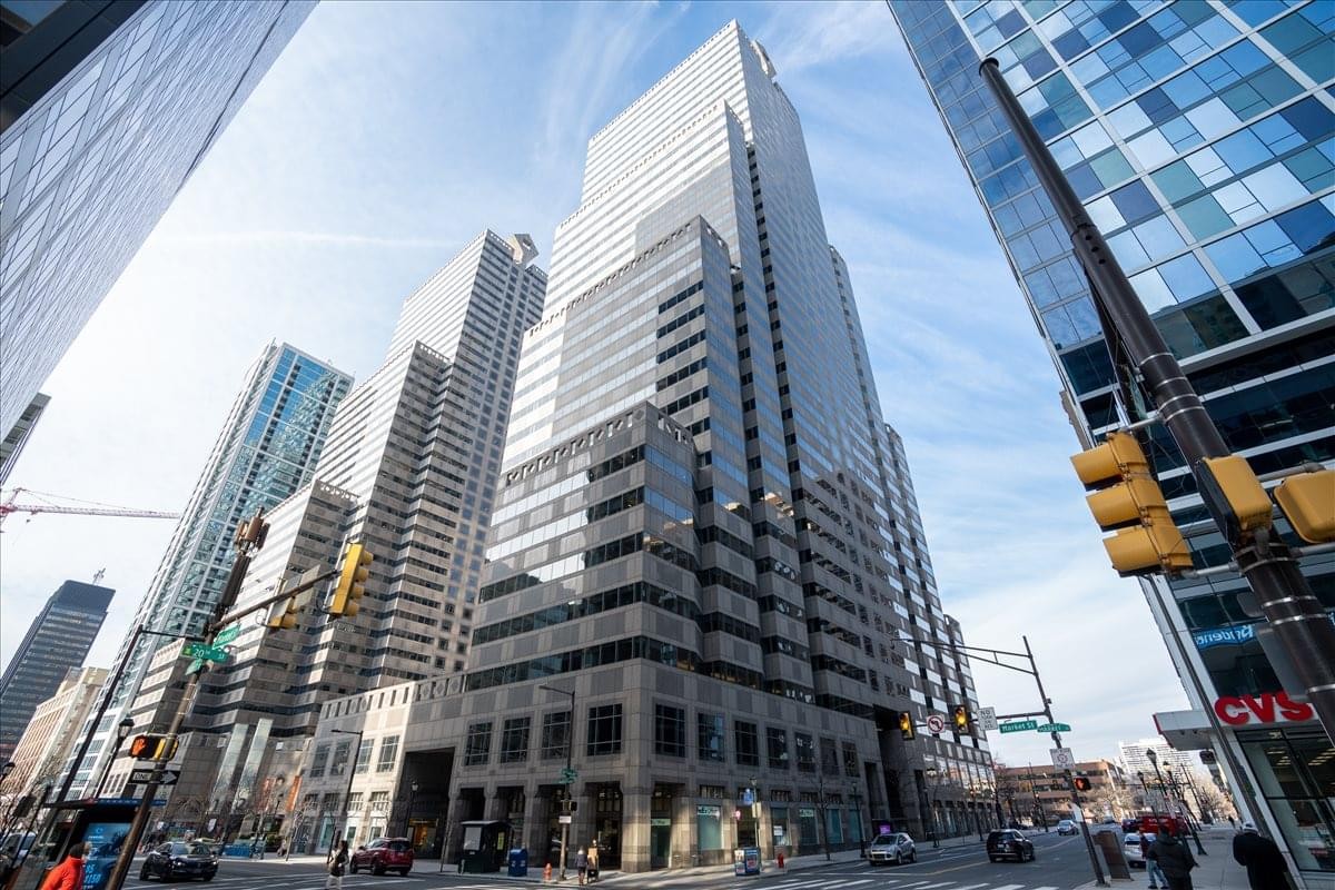 Exterior view of the soaring glass and stone facade at Two Commerce Square, 2001 Market Street.