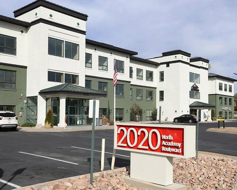 Exterior facade and entrance of Business Center, 2020 North Academy Boulevard, Colorado Springs.