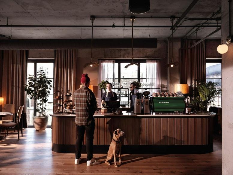 Cafe and reception area at 208 N Green St with a barista counter and a dog.