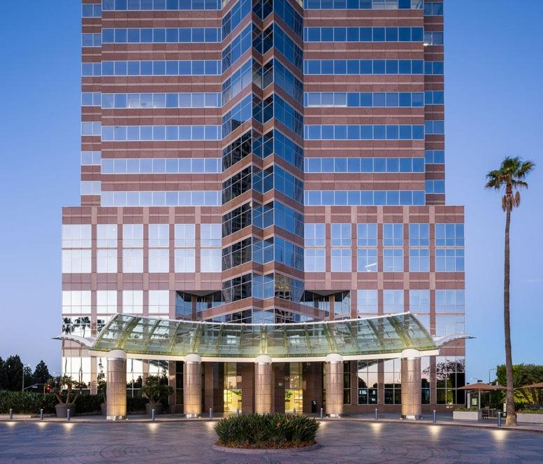 Building facade and glass entrance canopy at Fox Plaza, 2121 Avenue of the Stars.