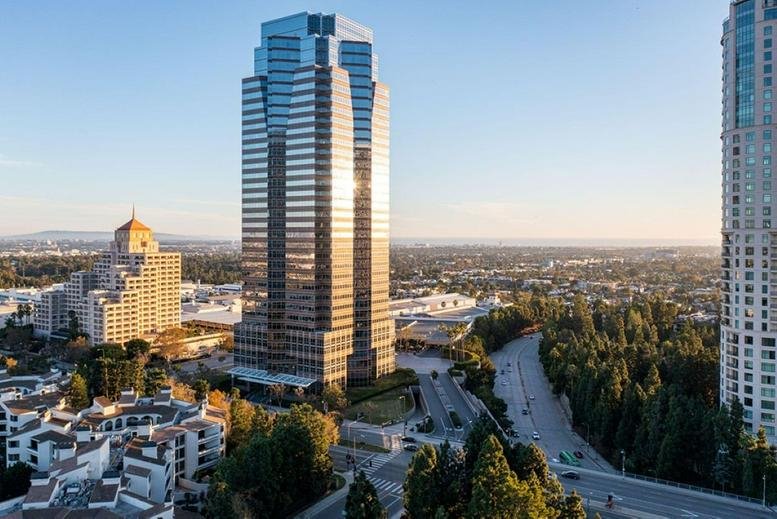High-angle view of Fox Plaza showing the building's distinctive tiered architecture.