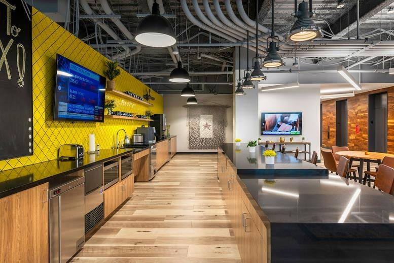 Spacious communal kitchen at 2300 Wilson Boulevard Suite 700 with yellow tiled wall and breakfast bar.