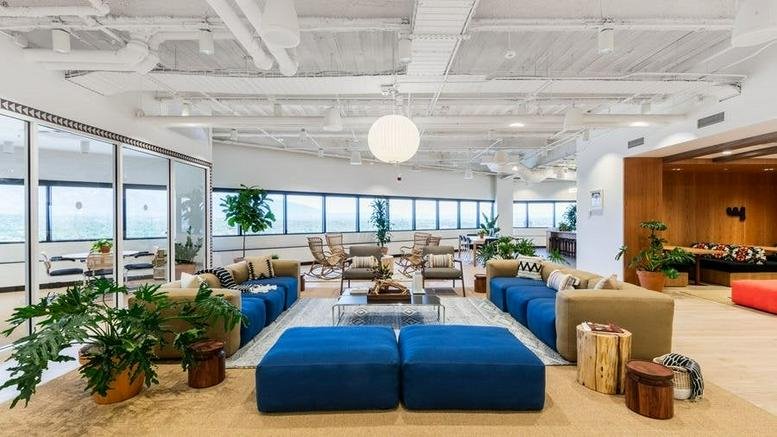 Spacious communal lounge at 250 Tower with blue sofas, potted plants, and exposed ceilings.
