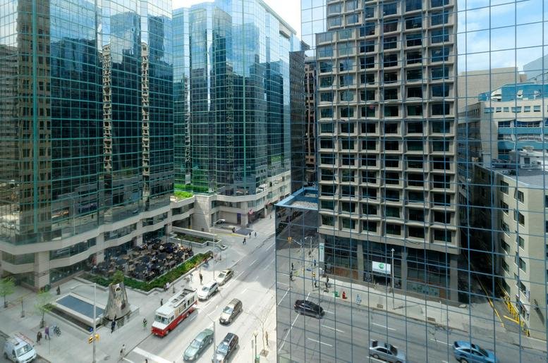 High-angle view of the glass office towers at 275 Slater Street in downtown Ottawa.