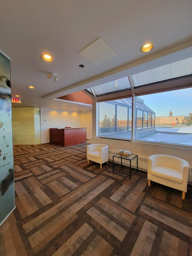 Reception and lounge at 3115 12th Street North East, Calgary with large skylights and patterned carpet.
