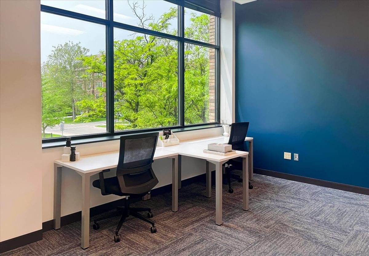 Spacious two-person office with large windows overlooking trees at 333 East Grand River Avenue.