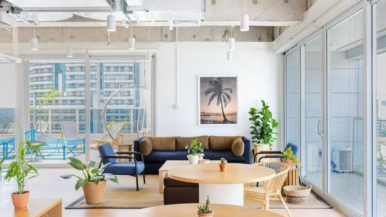 Spacious communal lounge at 336, Pinheiros, R. Butantã, Sao Paulo with blue velvet sofa and natural light.