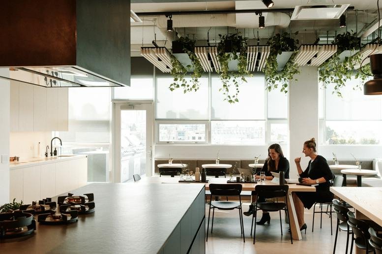 Spacious communal kitchen and lounge at 34 West 7th Avenue, Suite 401 with hanging plants and natural light.