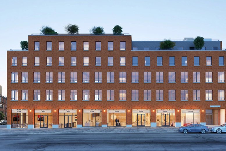 Exterior view of the brick facade and retail storefronts at 356 Wythe Avenue.