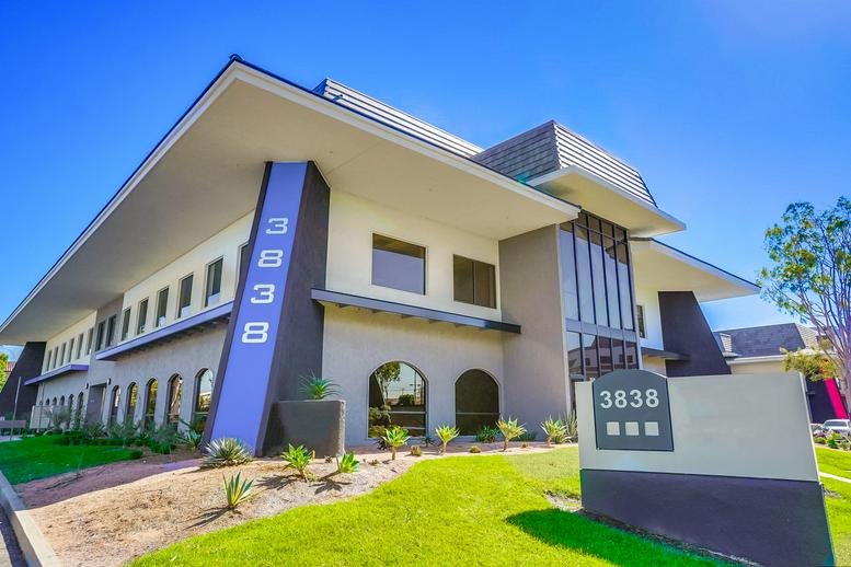 Exterior view of the contemporary multi-story building at 3838 West Carson Street.