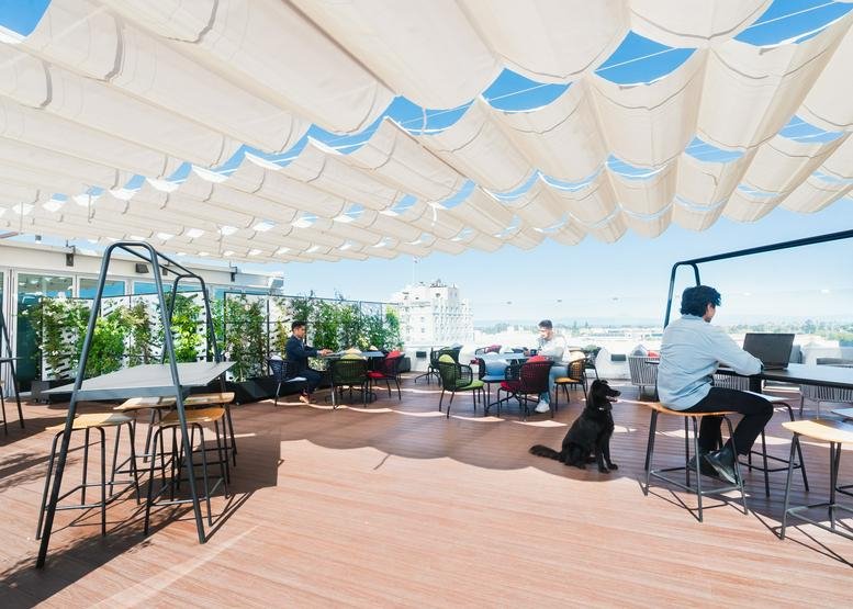 Sunlit rooftop terrace at 4 West 4th Avenue with canopy and seating.