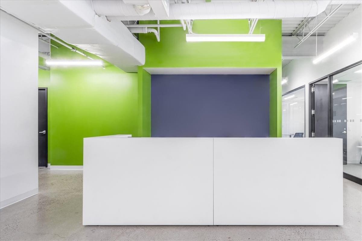 Modern reception area at 49 High Street, 3rd Floor, featuring a lime green accent wall and white desk.