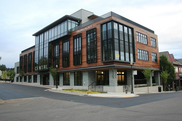 Exterior facade of the contemporary wood and glass building at 525 3rd Street, Lake Oswego, Oregon.