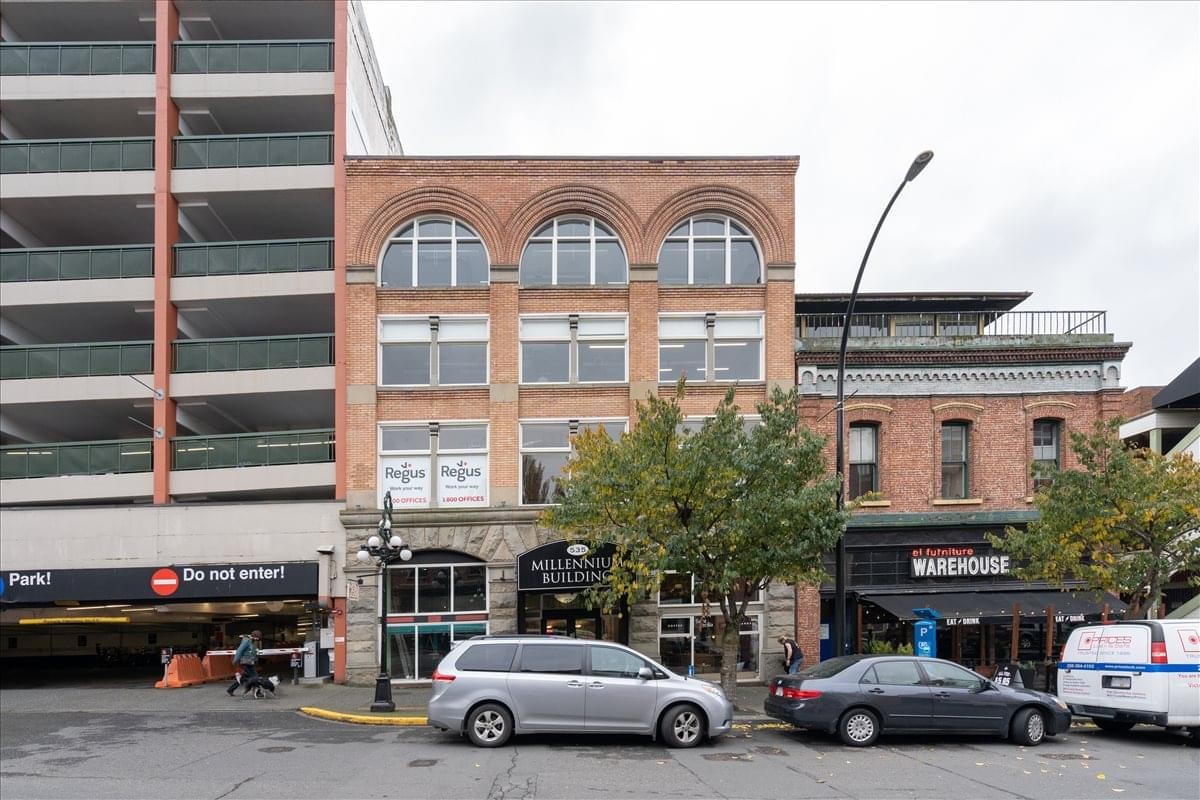 Exterior view of the historic brick building at 535 Yates Street, Suites 200, 300, 400.