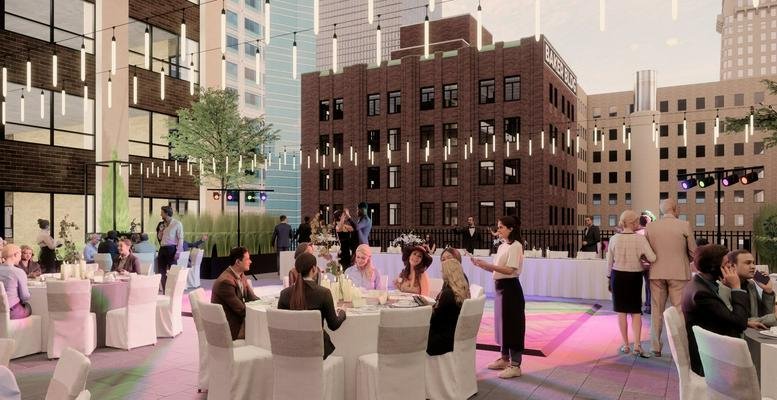 Rooftop terrace event space with string lights and city views.