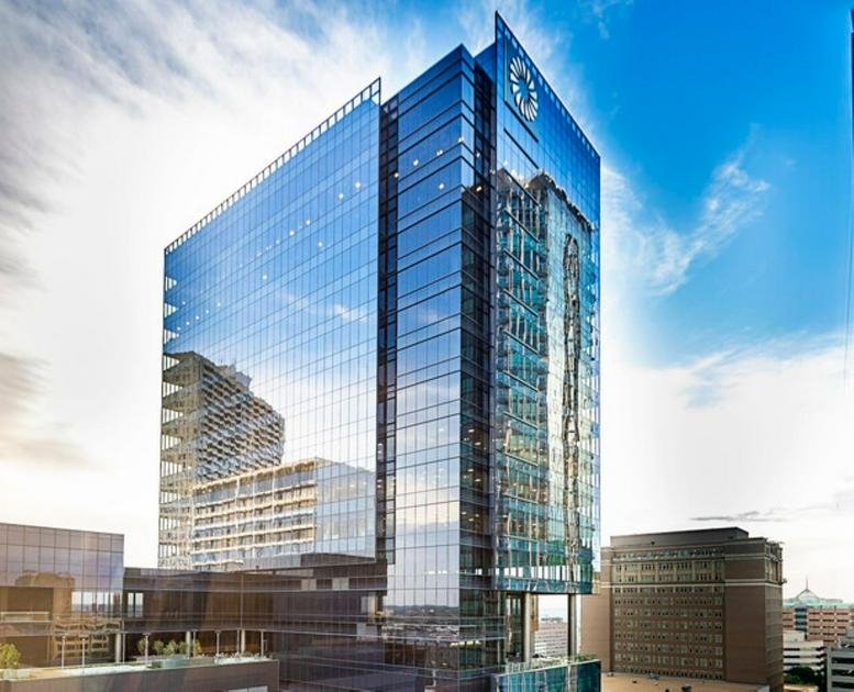 Exterior view of the blue glass facade of 640 Taylor Street in Downtown Fort Worth.