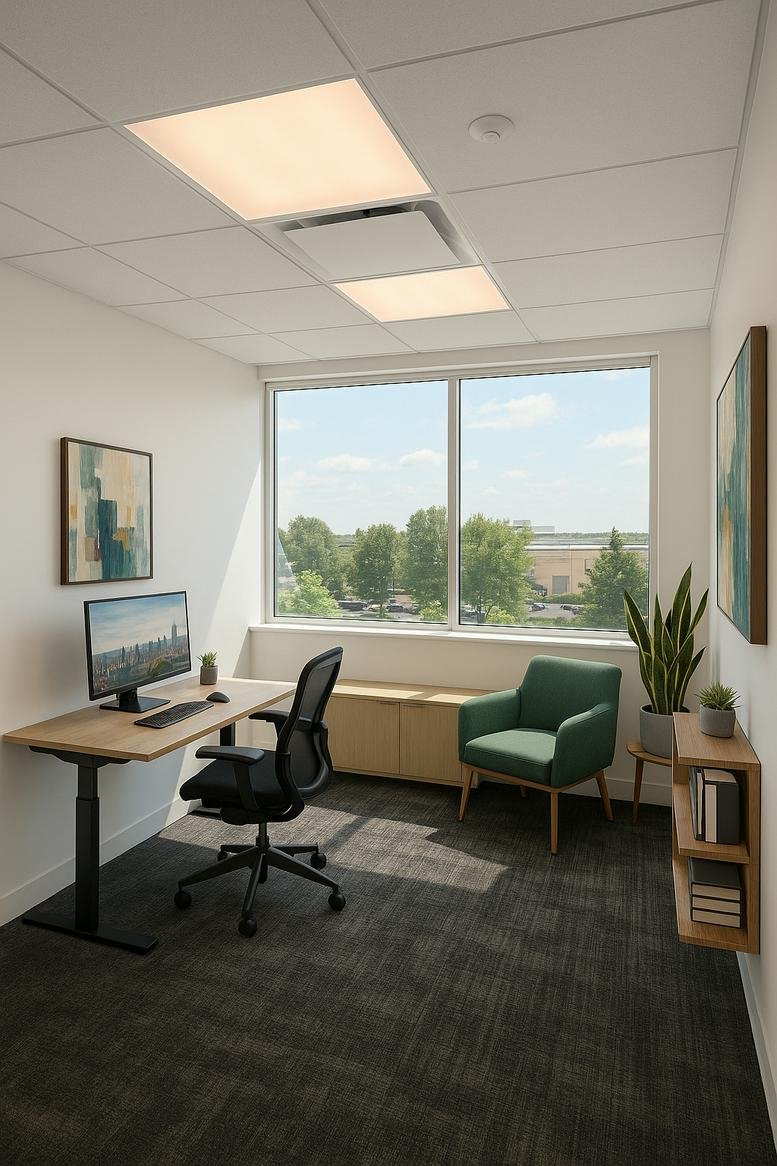 Private office featuring a height-adjustable desk and a green armchair by a large window.