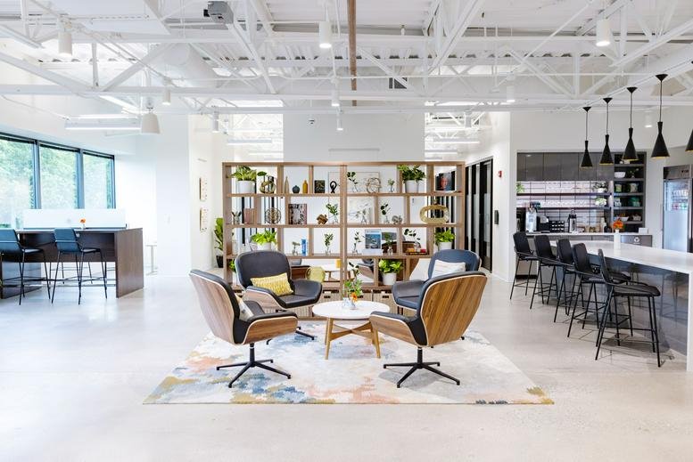 Spacious sun-drenched lounge and coworking area at 8 Cadillac Drive, 3rd Floor, Brentwood (Tennessee).