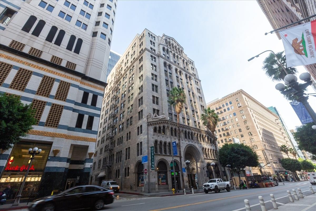 Exterior view of the historic facade of the Fine Arts Building in downtown Los Angeles.