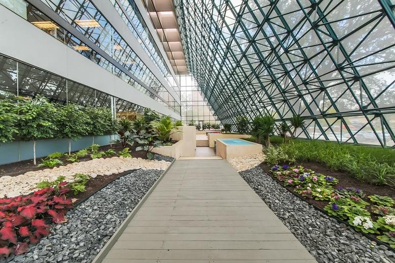 Lush indoor atrium at 84 Northeast Loop 410 with a wood-plank walkway and glass pyramid roof.