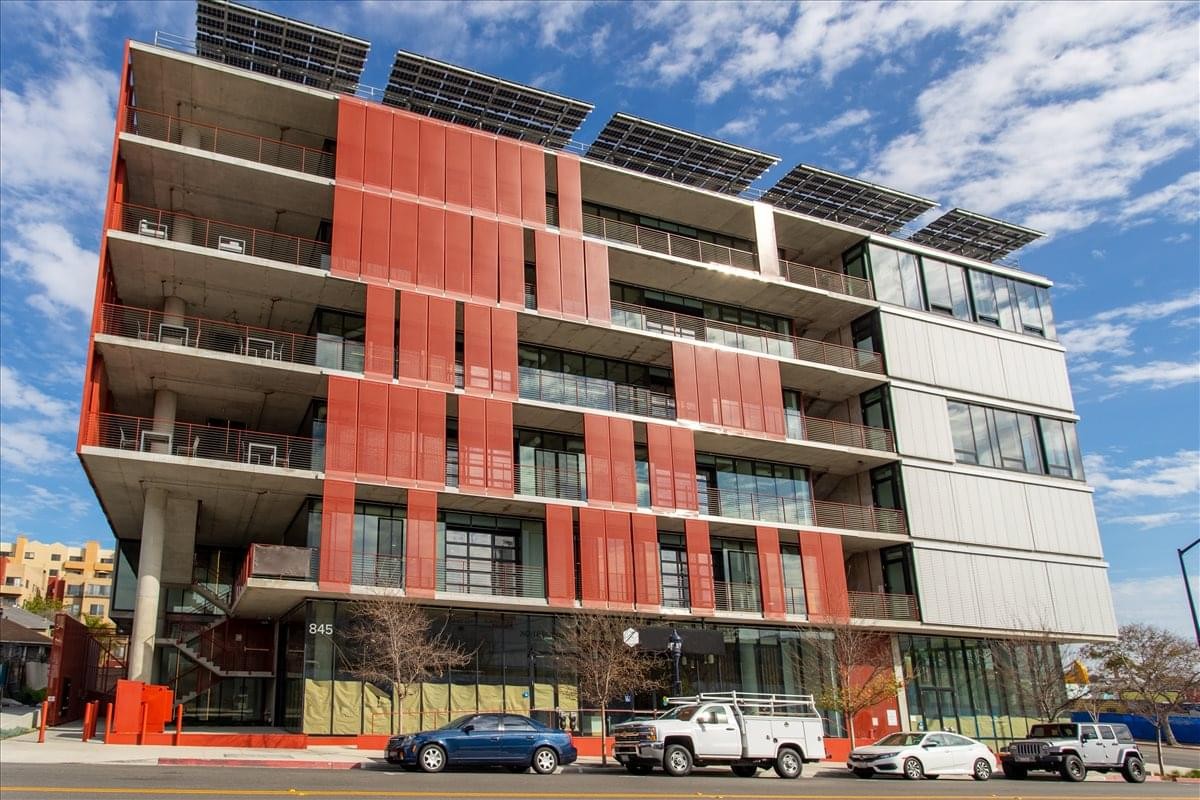 Exterior view of the modern facade at 845 15th Street, Floors 1-4, San Diego, California.