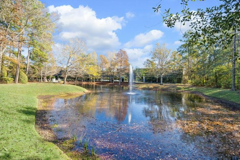 Tranquil exterior view of the pond and fountain at 8708 Technology Forest Place, STE 175.
