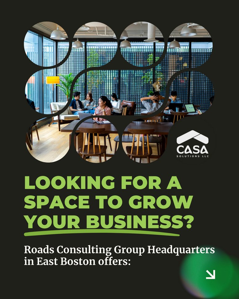Marketing graphic showing people working in the communal lounge area at Roads Consulting Group Headquarters.
