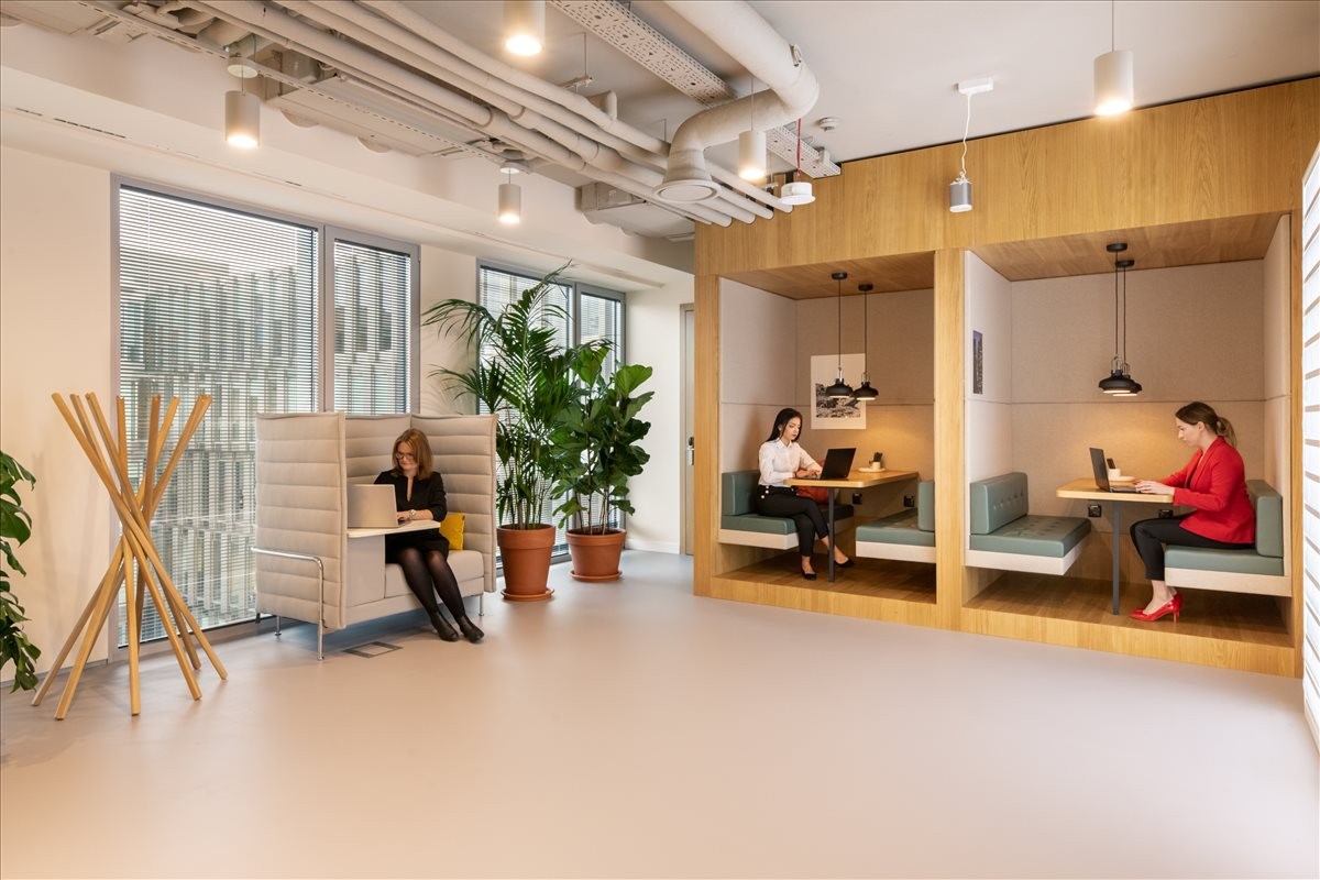 Private wooden work booths and a shared workspace at Antonio Dovalí Jaime 70, Mexico City.