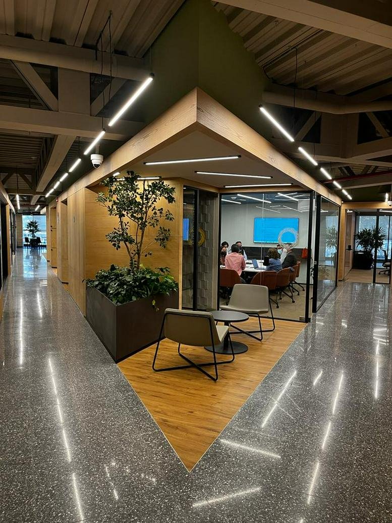 Modern communal breakout area with a large potted tree and stylish triangular wooden floor inlay.