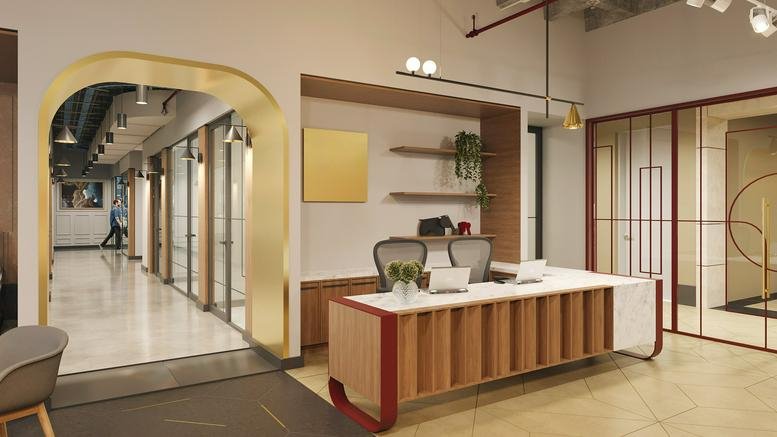 Modern reception area at Avenida Río San Joaquín 498 with a wooden front desk and gold arched entrance.